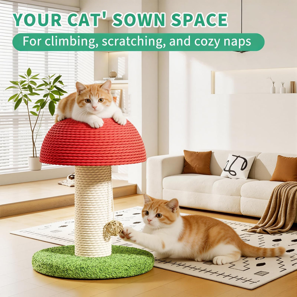 c6baca7fa136a1a41d5f30526ab51195Blent10 mushroom cat scratching post with natural sisal, stable base, and hanging ball for kittens