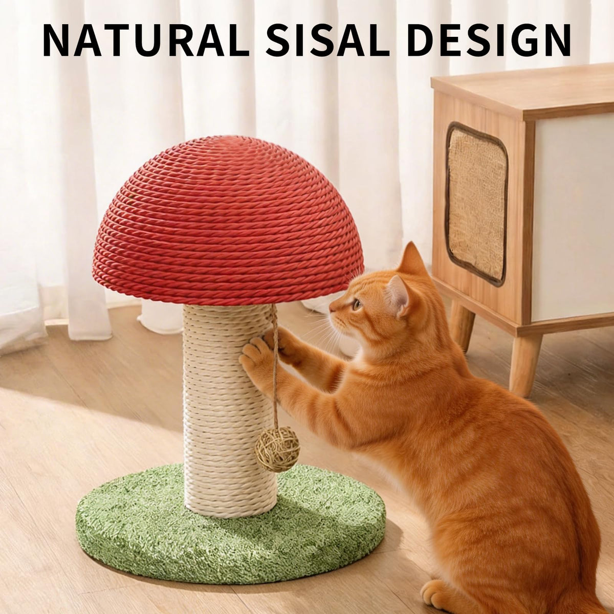 Blent10 mushroom cat scratching post with natural sisal, stable base, and hanging ball for kittens