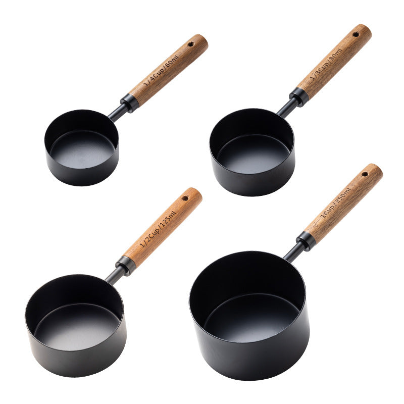 Blent10 8-piece stainless steel measuring cup and spoon set with walnut wood handles and scale markings