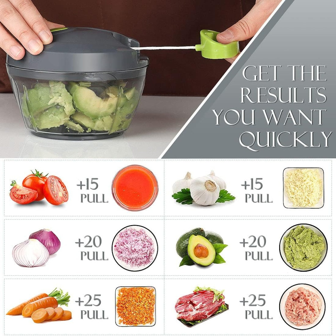 Blent10 manual pull-string food chopper 500ml grey vegetable cutter and garlic mincer