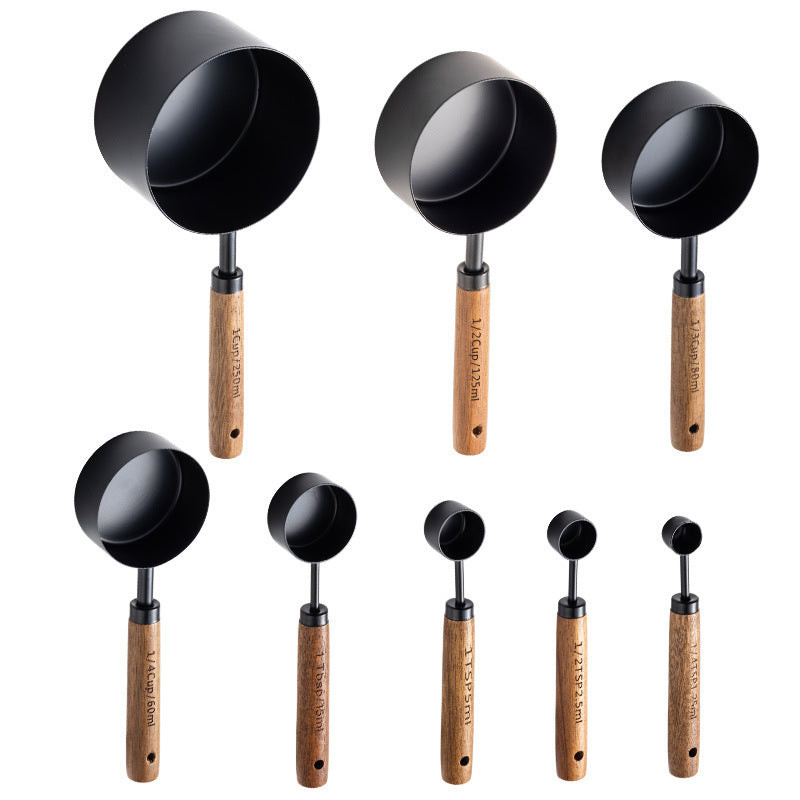 Blent10 8-piece stainless steel measuring cup and spoon set with walnut wood handles and scale markings