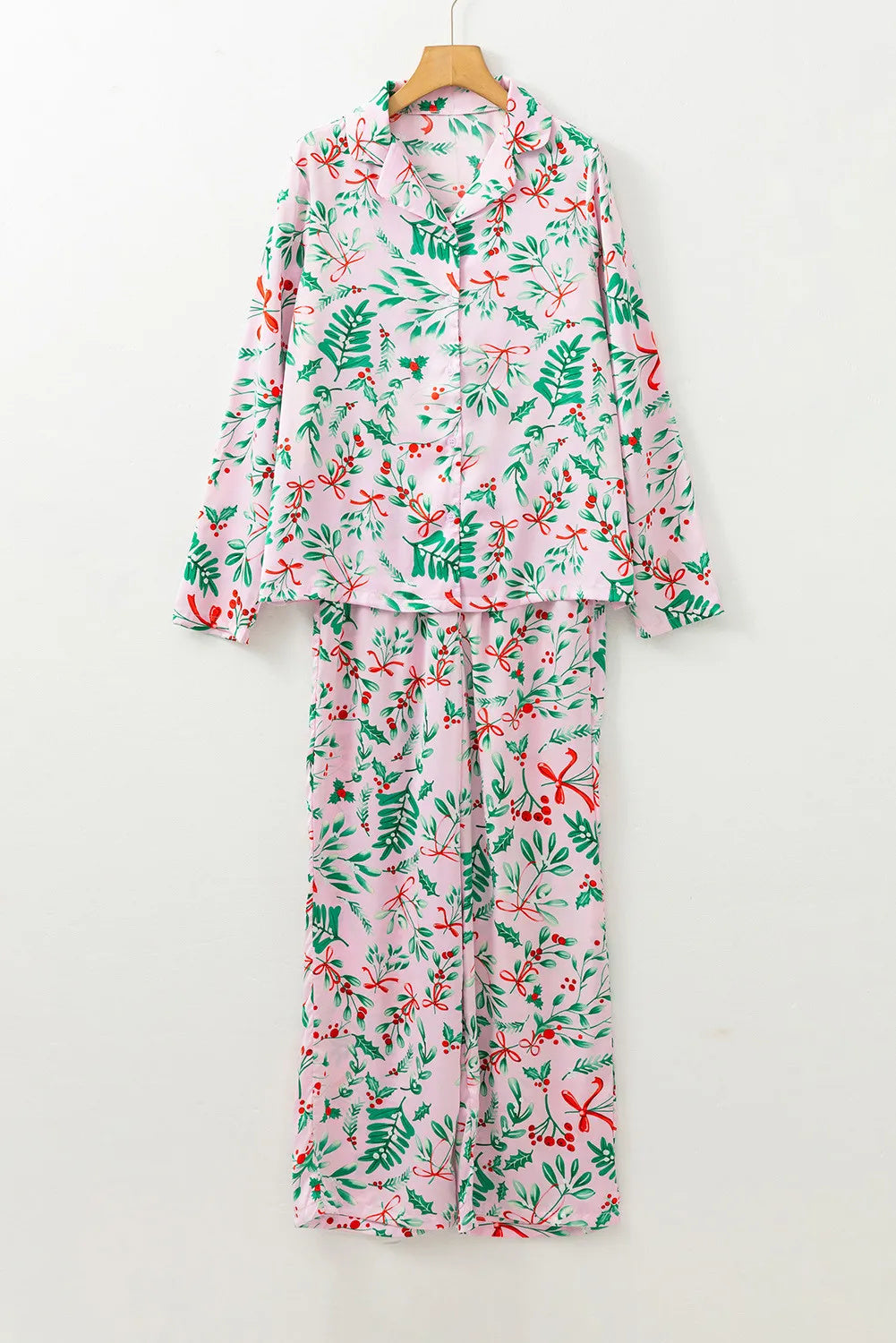 Blent10 Christmas berry print satin pajama set with long sleeves