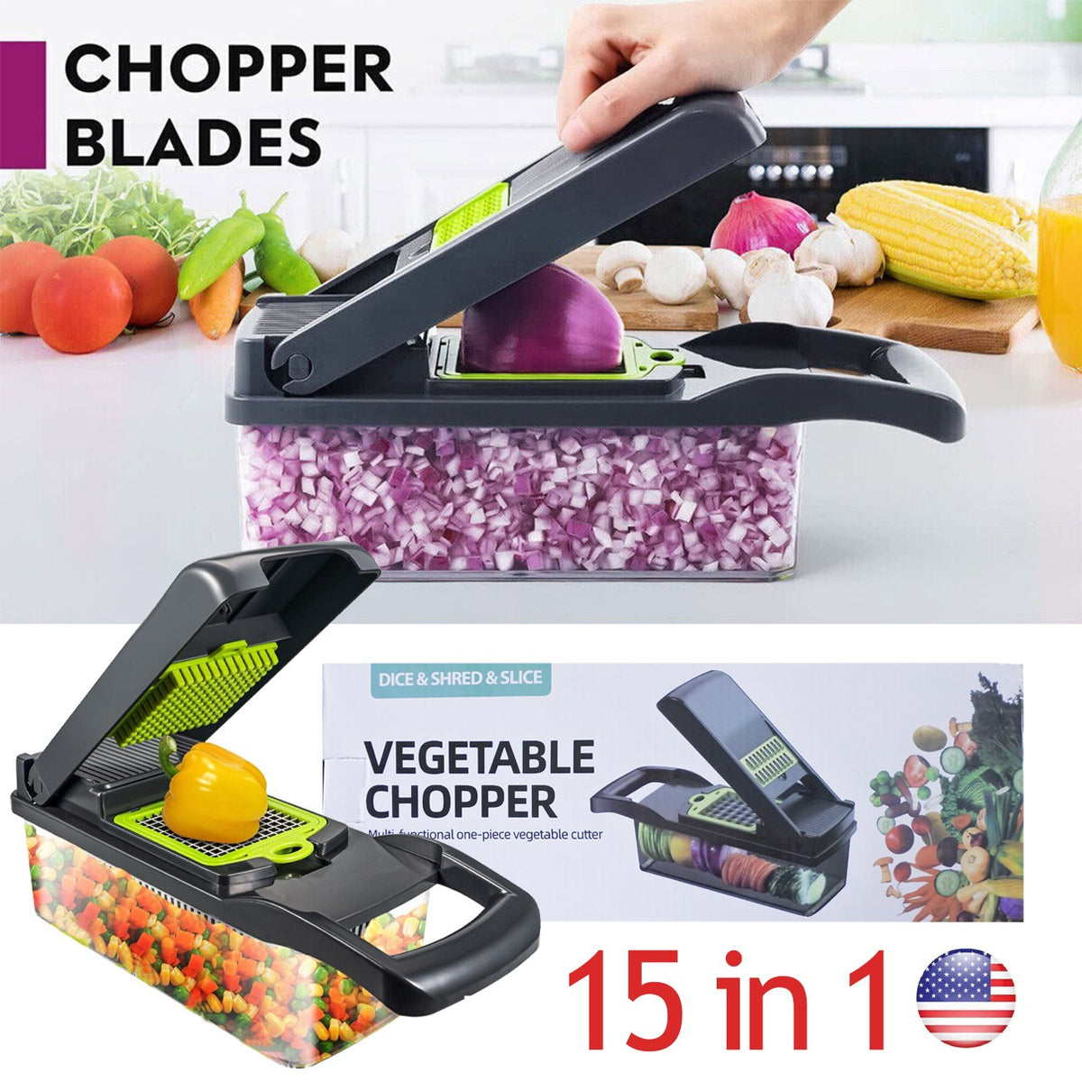 Blent10 15-in-1 manual vegetable chopper with 1.5L container, drain basket, and hand guard