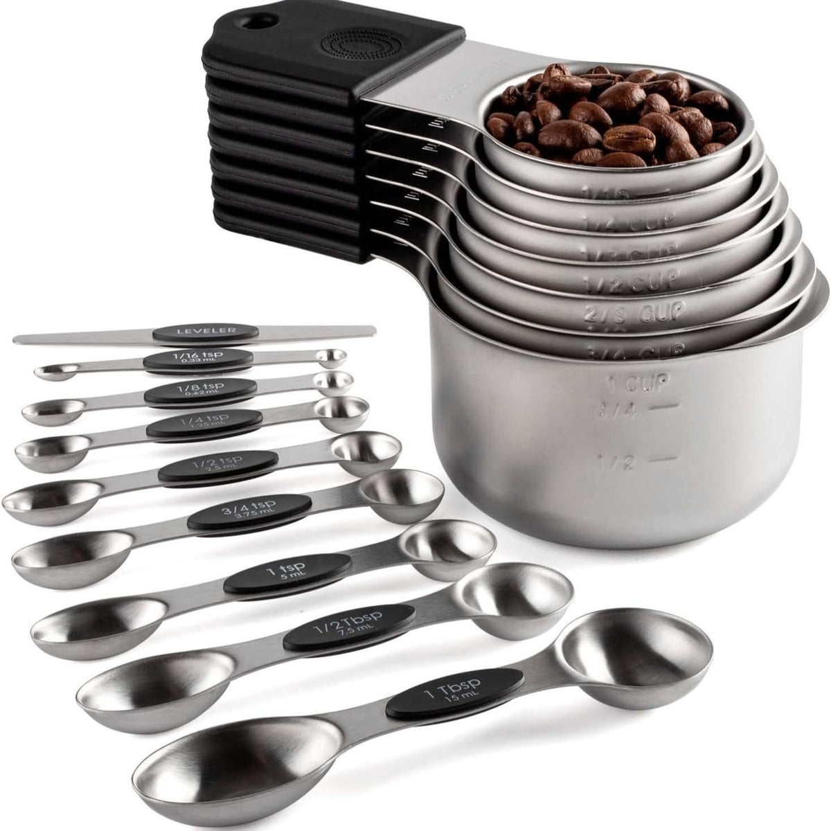 Blent10 stainless steel measuring cup and spoon set with scale markings for cooking and baking