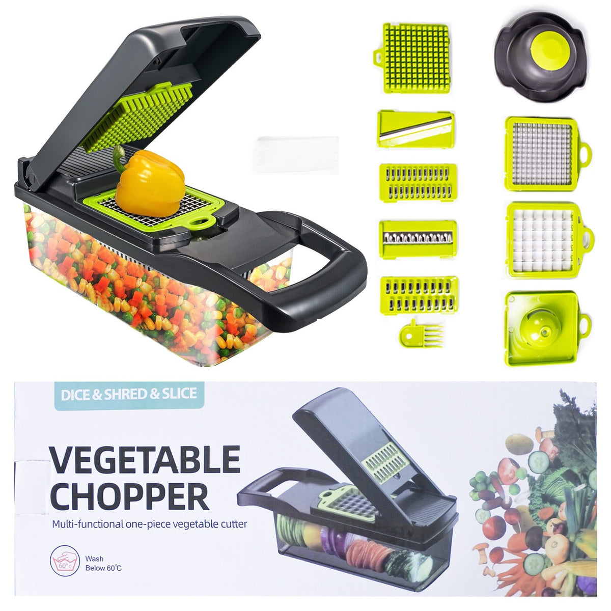 Blent10 15-in-1 manual vegetable chopper with 1.5L container, drain basket, and hand guard