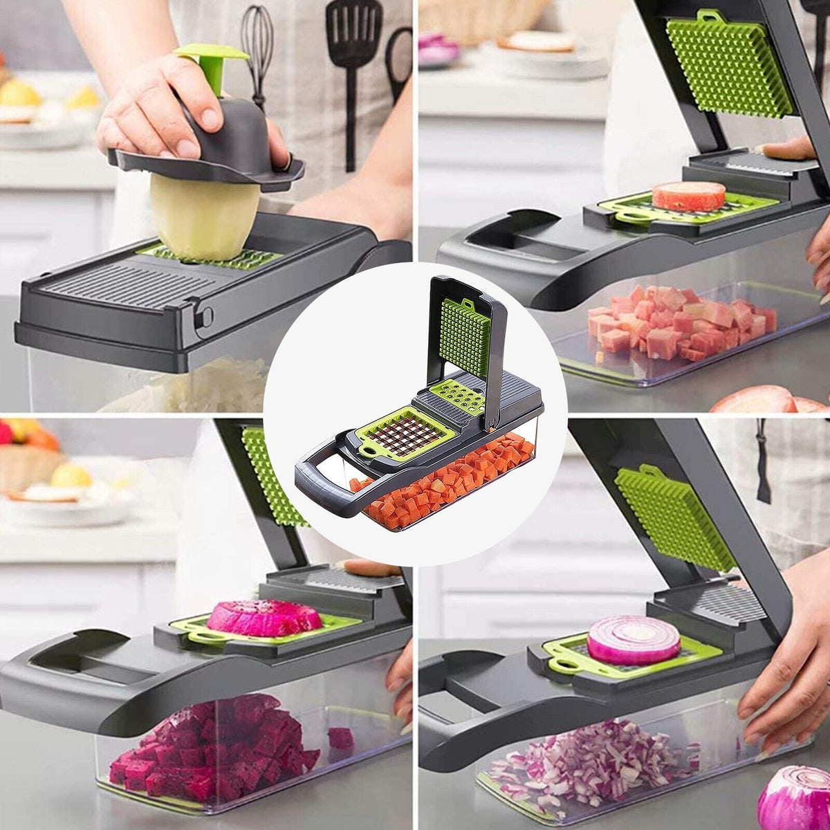 Blent10 16-in-1 vegetable chopper with slicing, fruit cutting, and peeling attachments