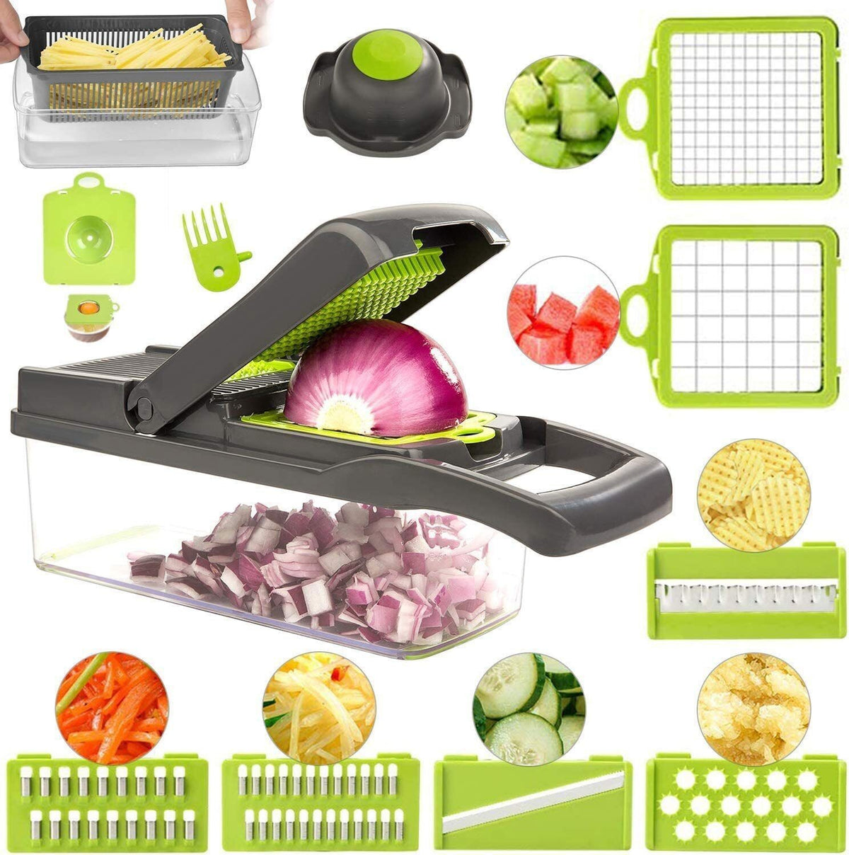 Blent10 15-in-1 manual vegetable chopper with 1.5L container, drain basket, and hand guard