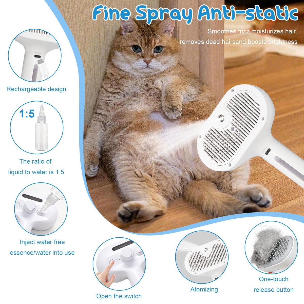 Blent10 pet steam brush for cats and dogs with cool mist and self-cleaning stainless steel bristles