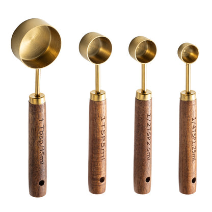 Blent10 8-piece stainless steel measuring cup and spoon set with walnut wood handles and scale markings