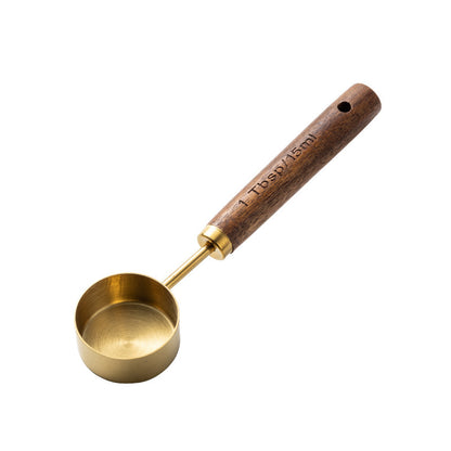 Blent10 8-piece stainless steel measuring cup and spoon set with walnut wood handles and scale markings