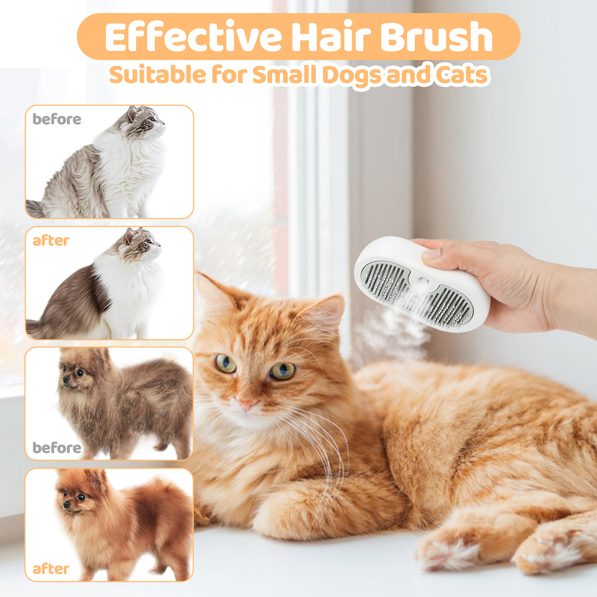 Blent10 cat steam brush for grooming with self-cleaning fur removal design