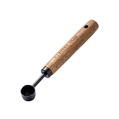 Blent10 8-piece stainless steel measuring cup and spoon set with walnut wood handles and scale markings