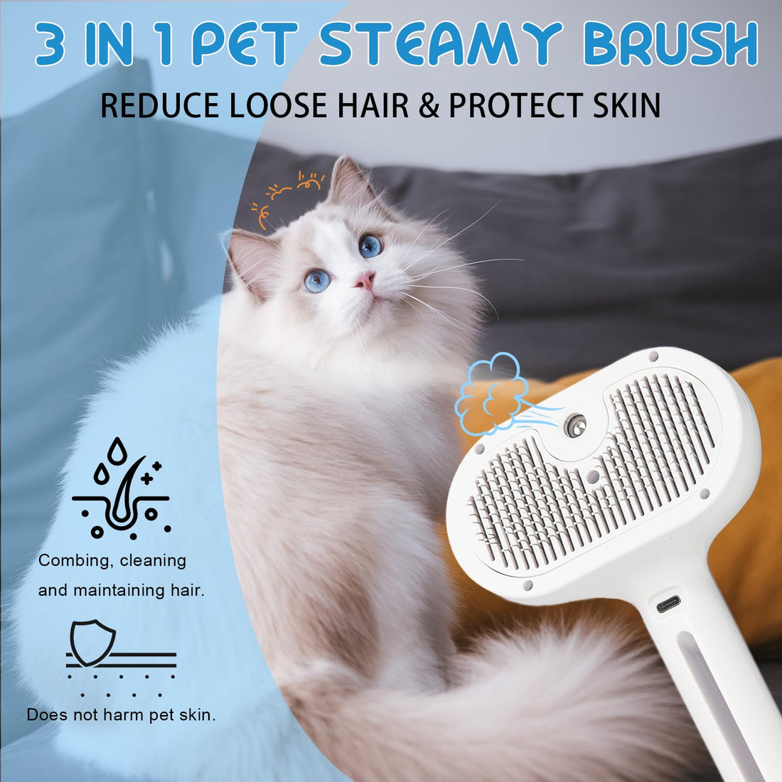 Blent10 pet steam brush for cats and dogs with cool mist and self-cleaning stainless steel bristles