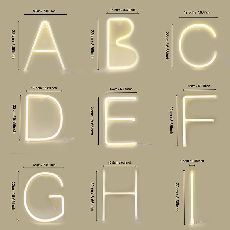 LED meteor firecracker lights showcasing letters A to H in glowing design with dimensions.