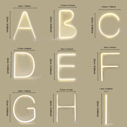 LED meteor firecracker lights showcasing letters A to H in glowing design with dimensions.