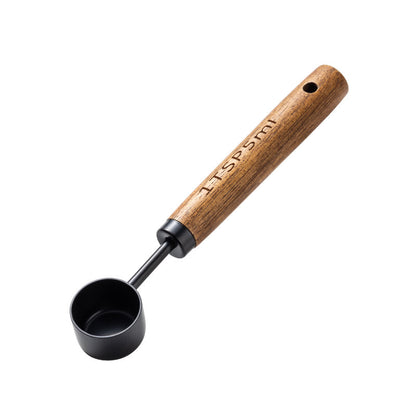 Blent10 8-piece stainless steel measuring cup and spoon set with walnut wood handles and scale markings