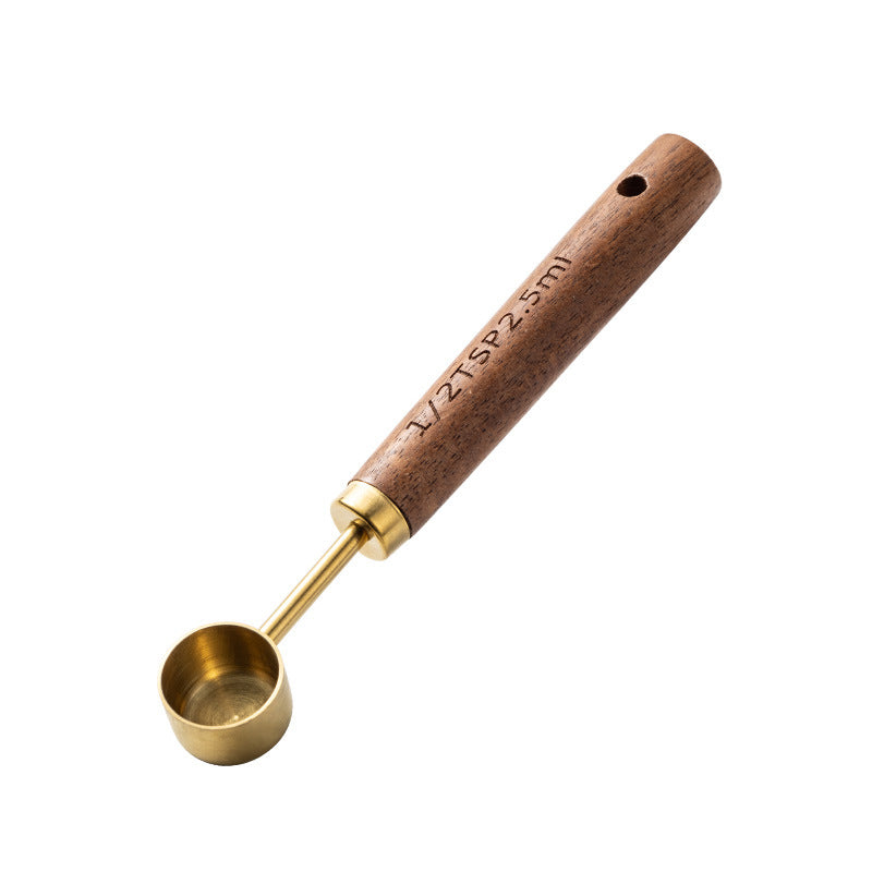 Blent10 8-piece stainless steel measuring cup and spoon set with walnut wood handles and scale markings
