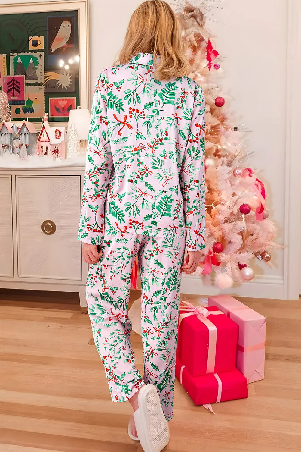 Blent10 Christmas berry print satin pajama set with long sleeves