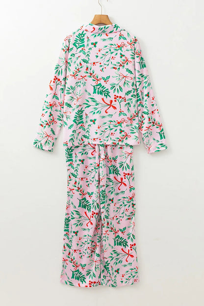 Blent10 Christmas berry print satin pajama set with long sleeves