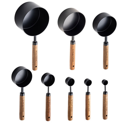 Blent10 8-piece stainless steel measuring cup and spoon set with walnut wood handles and scale markings