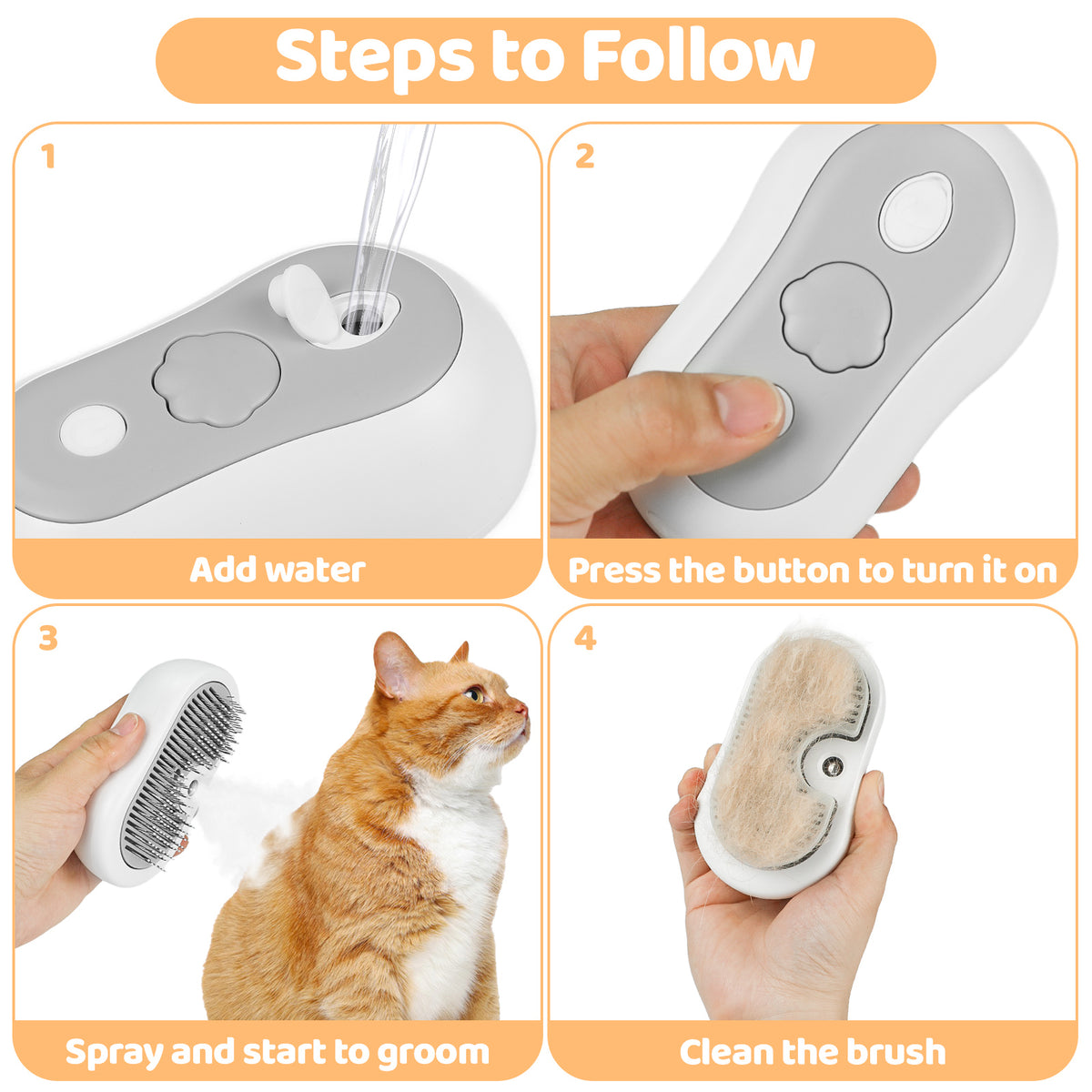Blent10 cat steam brush for grooming with self-cleaning fur removal design