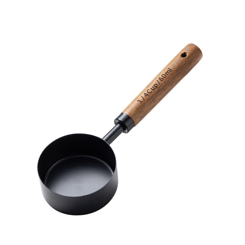 Blent10 8-piece stainless steel measuring cup and spoon set with walnut wood handles and scale markings