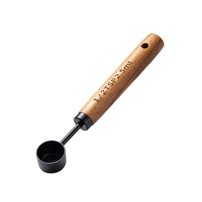 Blent10 8-piece stainless steel measuring cup and spoon set with walnut wood handles and scale markings