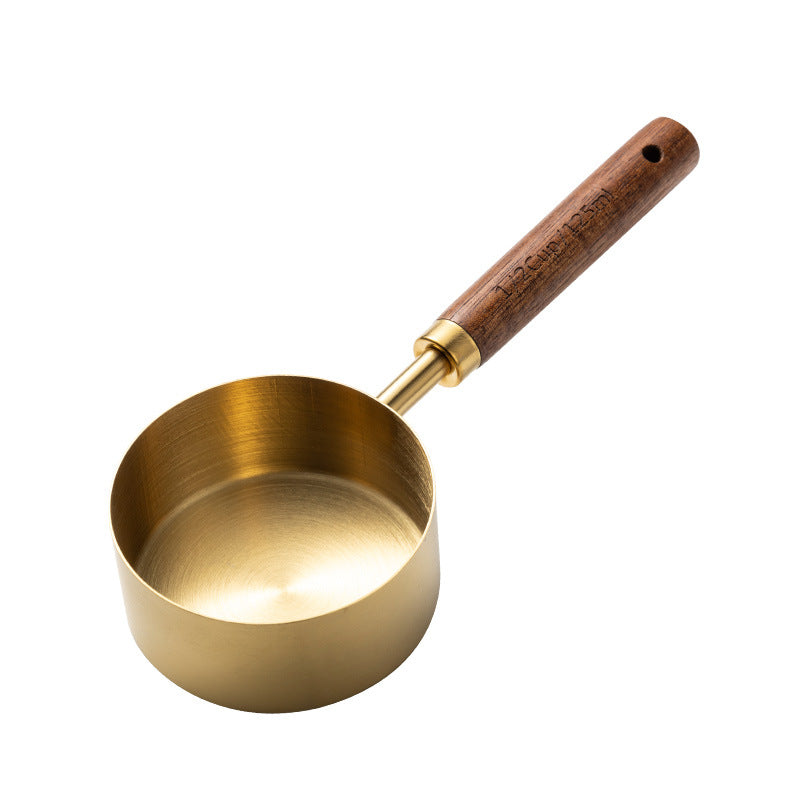 Blent10 8-piece stainless steel measuring cup and spoon set with walnut wood handles and scale markings