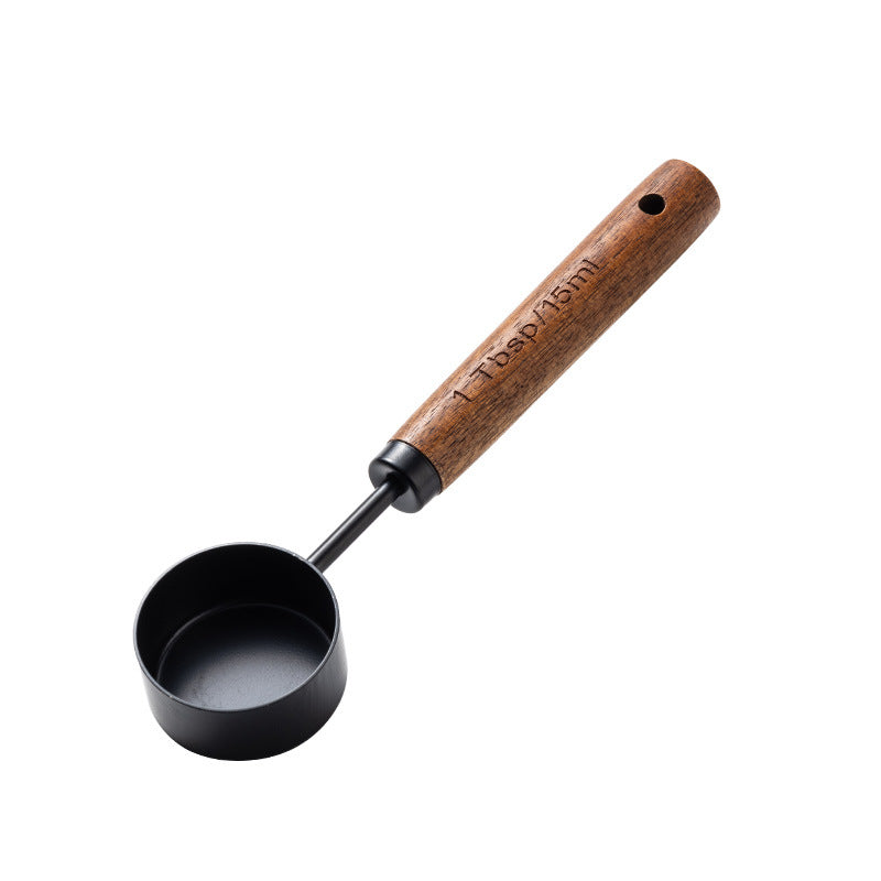 Blent10 8-piece stainless steel measuring cup and spoon set with walnut wood handles and scale markings