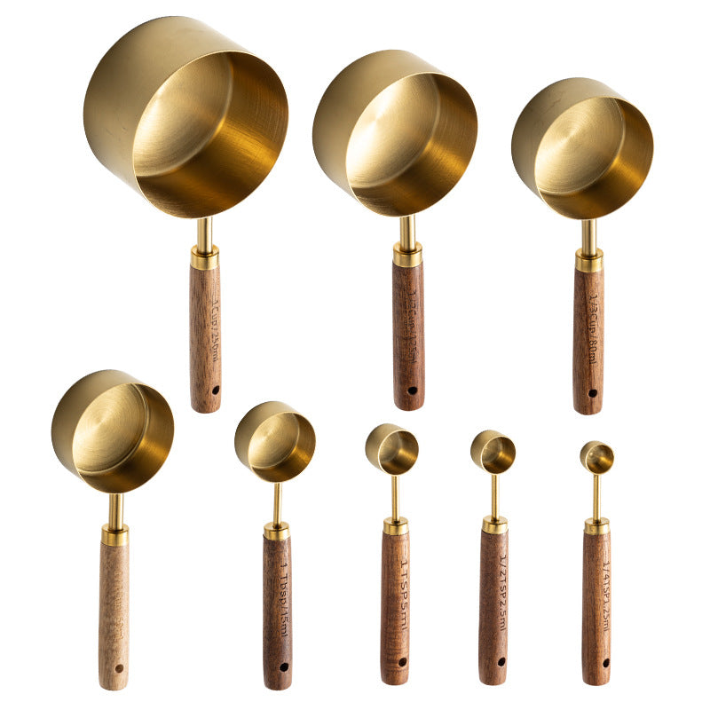 Blent10 8-piece stainless steel measuring cup and spoon set with walnut wood handles and scale markings