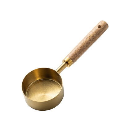 Blent10 8-piece stainless steel measuring cup and spoon set with walnut wood handles and scale markings