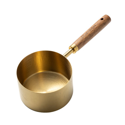 Blent10 8-piece stainless steel measuring cup and spoon set with walnut wood handles and scale markings