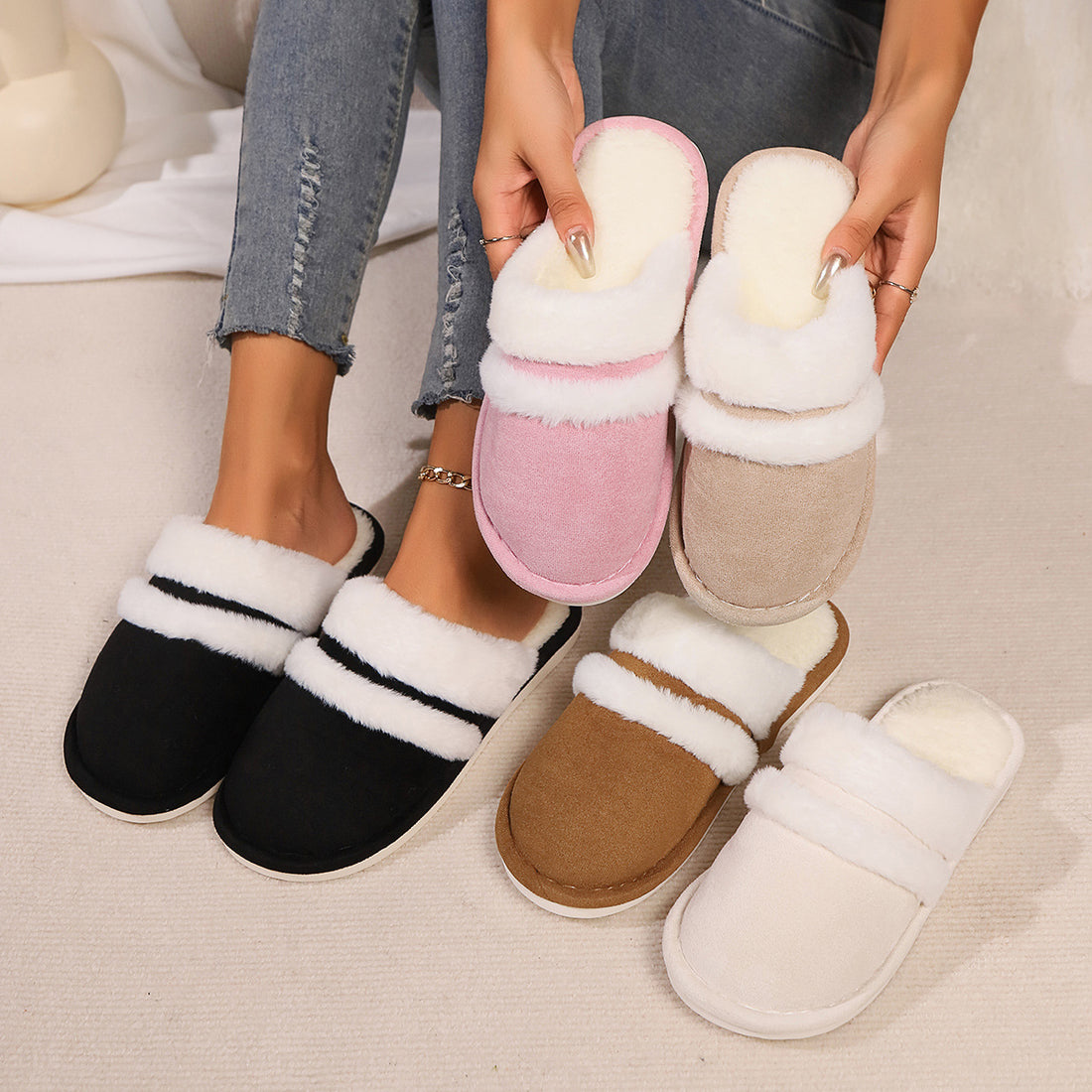 Blent10 rabbit fur cotton slippers with thickened fluffy fleece-lined design