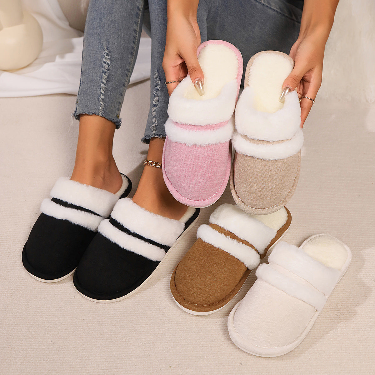 Blent10 rabbit fur cotton slippers with thickened fluffy fleece-lined design