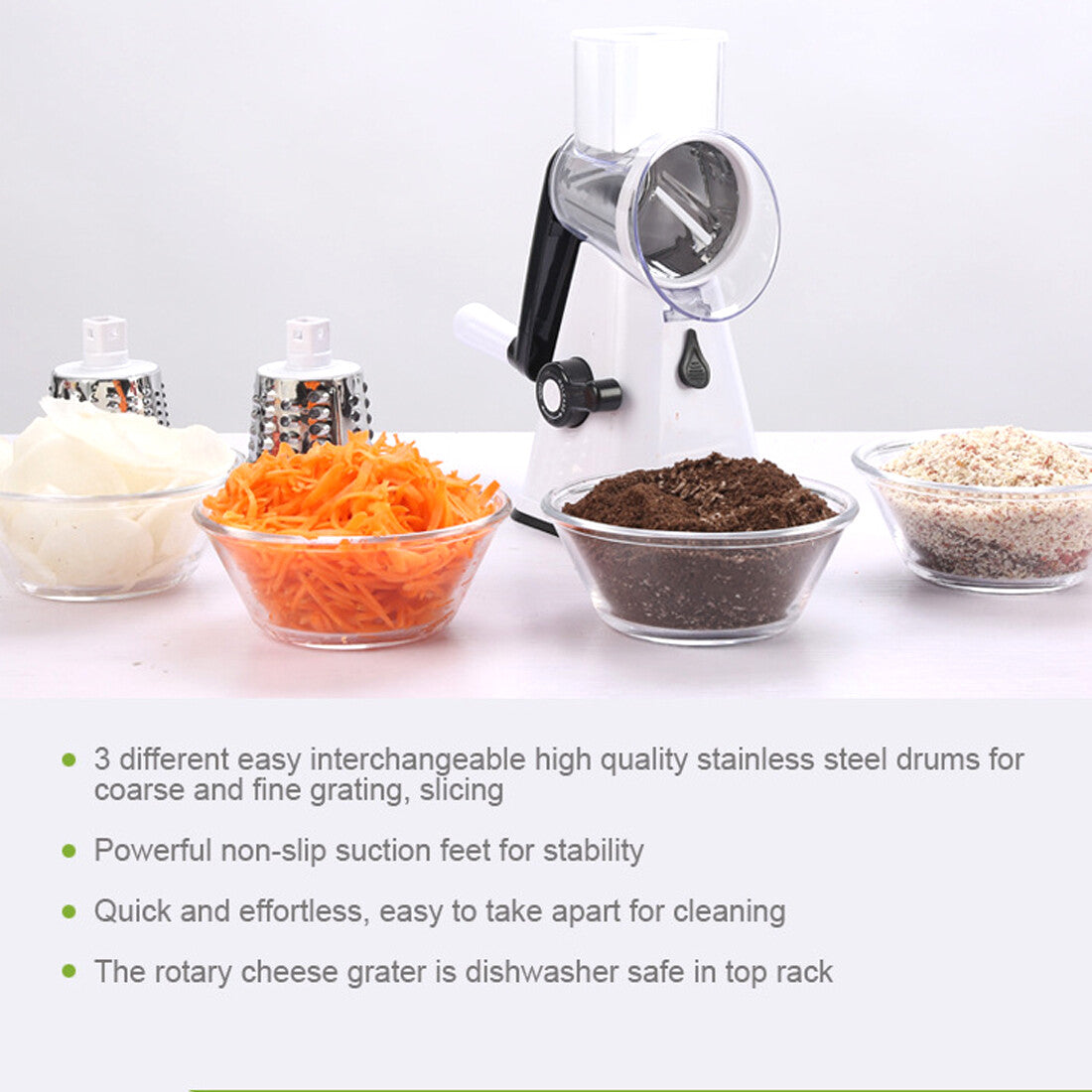 Blent10 3-in-1 rotary food slicer for grating cheese and cutting or shredding vegetables