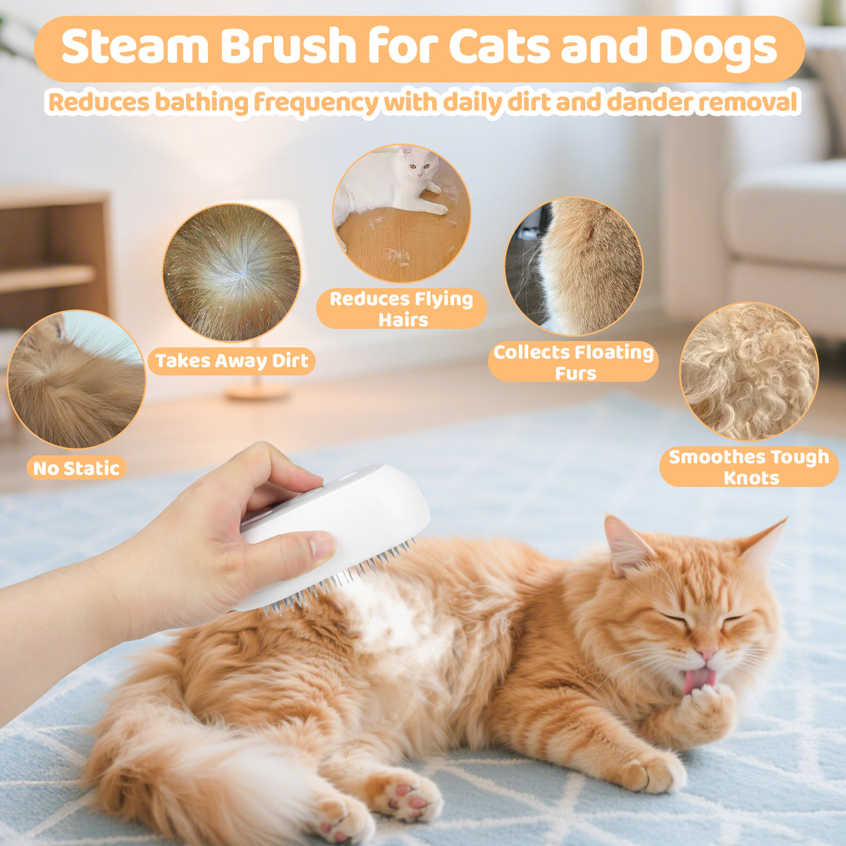 Blent10 cat steam brush for grooming with self-cleaning fur removal design