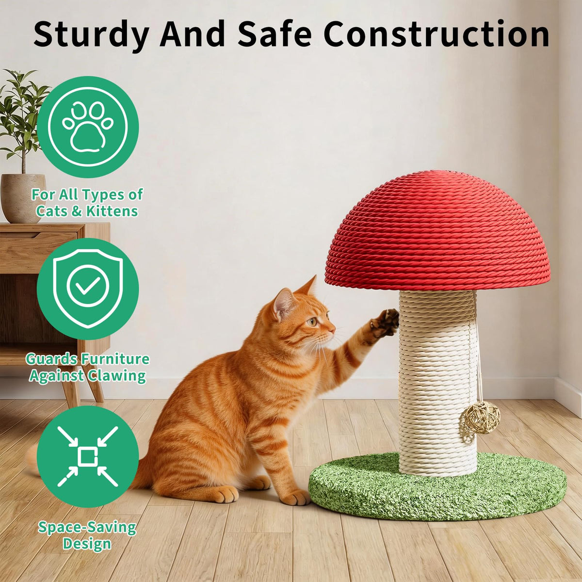 Blent10 mushroom cat scratching post with natural sisal, stable base, and hanging ball for kittens