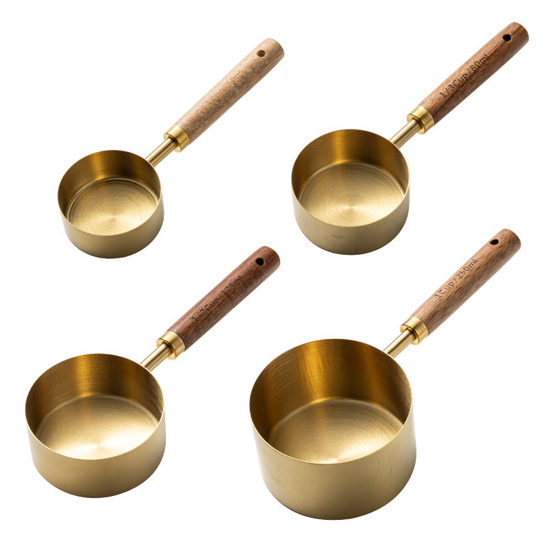 Blent10 8-piece stainless steel measuring cup and spoon set with walnut wood handles and scale markings