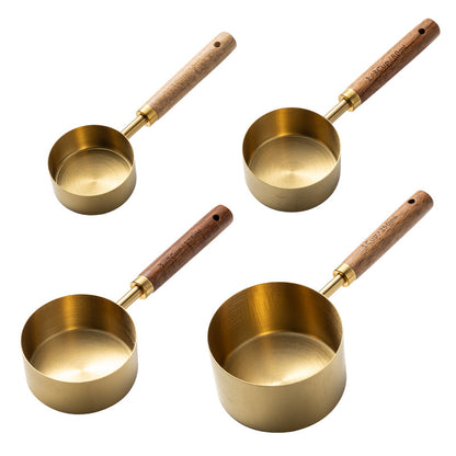 Blent10 8-piece stainless steel measuring cup and spoon set with walnut wood handles and scale markings