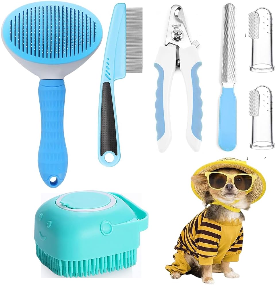 Blent10 7-piece pet grooming kit with self-cleaning brush nail clipper flea comb and bath brush