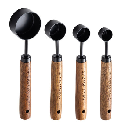 Blent10 8-piece stainless steel measuring cup and spoon set with walnut wood handles and scale markings