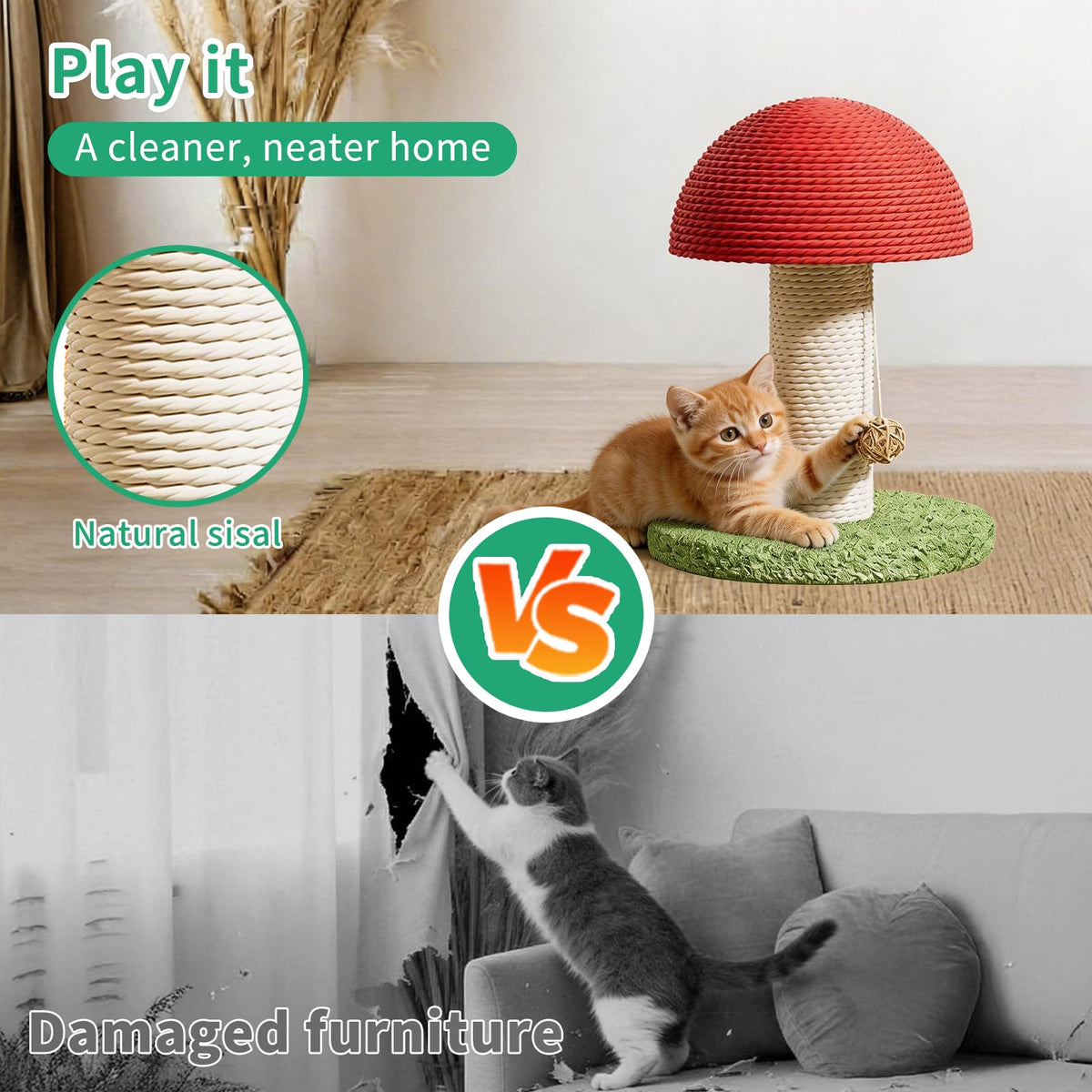 Blent10 mushroom cat scratching post with natural sisal, stable base, and hanging ball for kittens