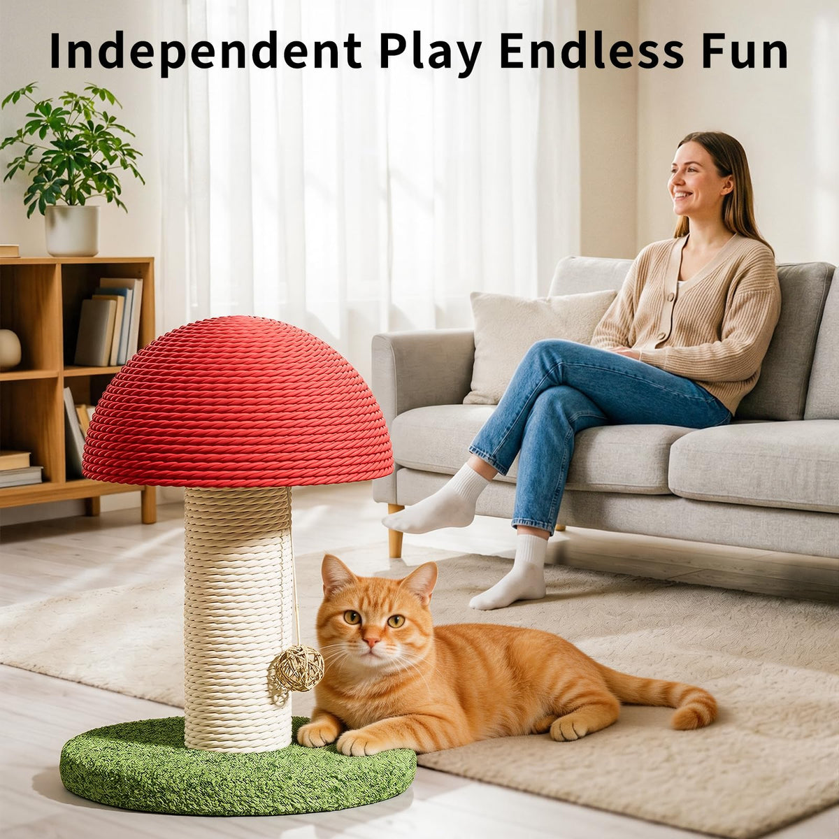 Blent10 mushroom cat scratching post with natural sisal, stable base, and hanging ball for kittens