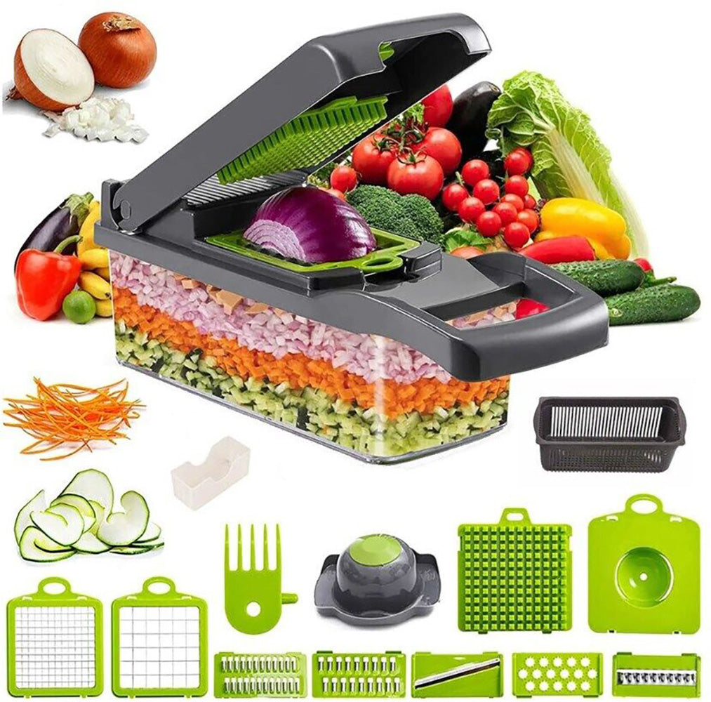 Blent10 16-in-1 vegetable chopper with slicing, fruit cutting, and peeling attachments