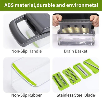 Blent10 15-in-1 manual vegetable chopper with 1.5L container, drain basket, and hand guard