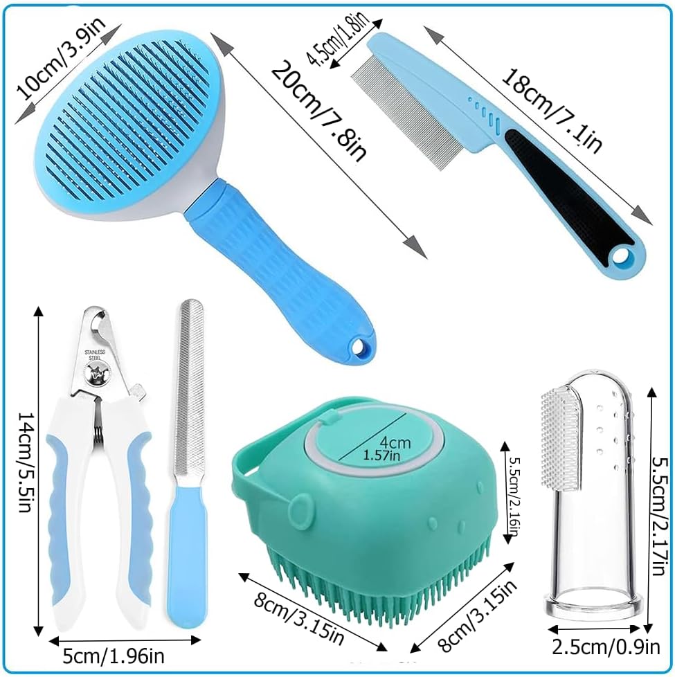 Blent10 7-piece pet grooming kit with self-cleaning brush nail clipper flea comb and bath brush