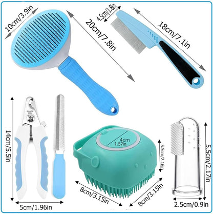 Blent10 7-piece pet grooming kit with self-cleaning brush nail clipper flea comb and bath brush